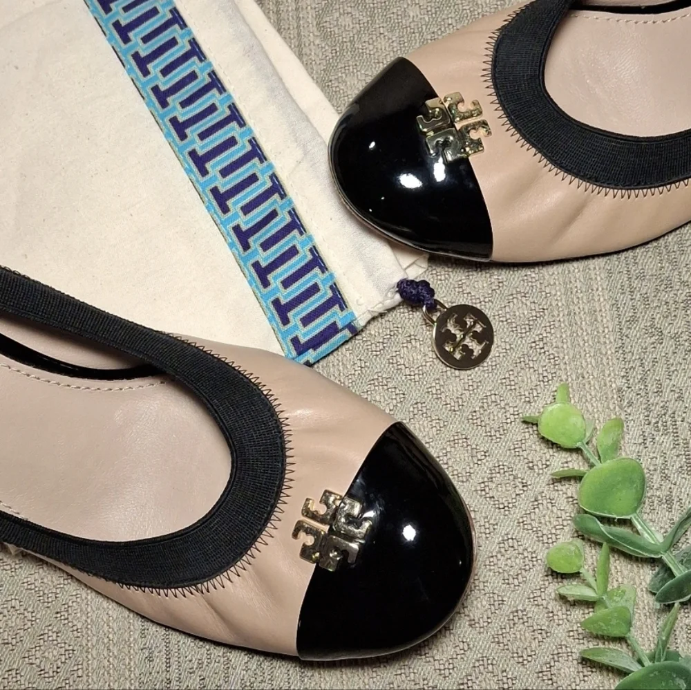 Tory Burch Nude Tan and Black Cap-Toe Leather Pumps